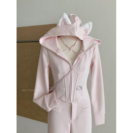 FA42012# 甜美时尚通勤修身鱼骨粉色运动休闲套装 服裝批發女裝批發服飾貨源