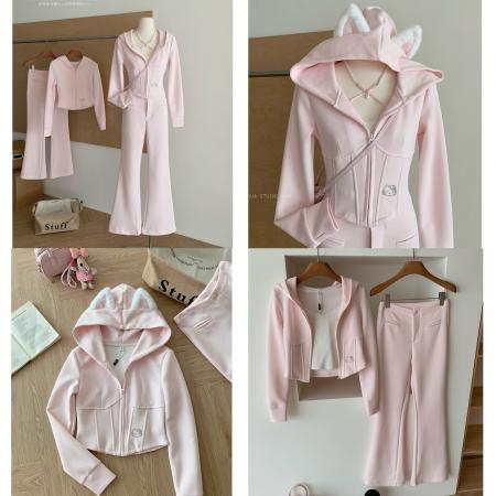 FA42012# 甜美时尚通勤修身鱼骨粉色运动休闲套装 服裝批發女裝批發服飾貨源