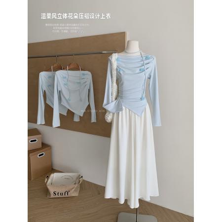 FA42013# 韩系打褶斜领露肩立体花朵T恤女秋季新款显瘦性感个性小众上衣 服裝批發女裝批發服飾貨源