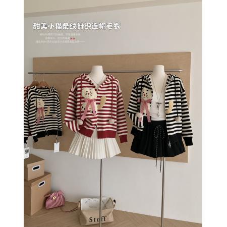FA42014# 甜美小猫条纹撞色连帽条纹针织毛衣女秋季新款宽松慵懒风外套 服裝批發女裝批發服飾貨源