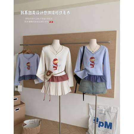 FA42015# Sixminu早秋学院风V领针织衫毛衣女格子拼接荷叶边下摆长袖上衣 服裝批發女裝批發服飾貨源