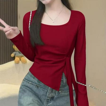 FA42018# 设计感收腰褶皱长袖上衣夏装时尚减龄修身打底衫 服裝批發女裝批發服飾貨源