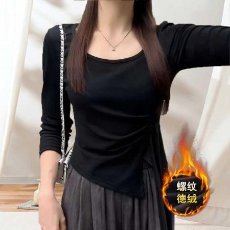 FA42018# 设计感收腰褶皱长袖上衣夏装时尚减龄修身打底衫 服裝批發女裝批發服飾貨源