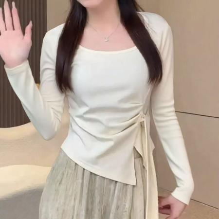 FA42018# 设计感收腰褶皱长袖上衣夏装时尚减龄修身打底衫 服裝批發女裝批發服飾貨源