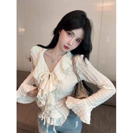 FA42020# 法式白色V领荷叶边系带衬衫女钩花衬衣别致喇叭袖上衣初秋 服裝批發女裝批發服飾貨源