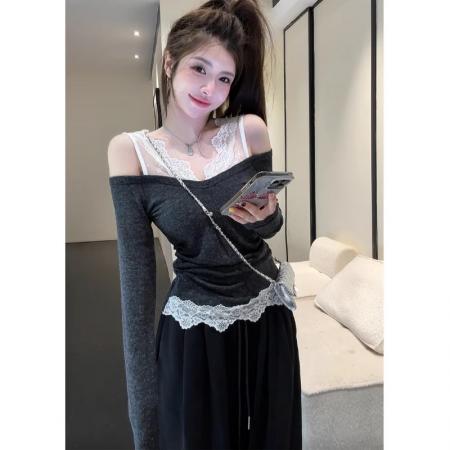 FA42021# 纯欲辣妹蕾丝拼接假两件打底衫女气质收腰小众露肩上衣 服裝批發女裝批發服飾貨源