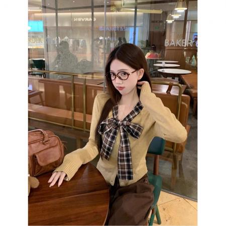 FA42022# 入秋韩系穿搭假两件格子蝴蝶结针织开衫女装短款内搭上衣 服裝批發女裝批發服飾貨源