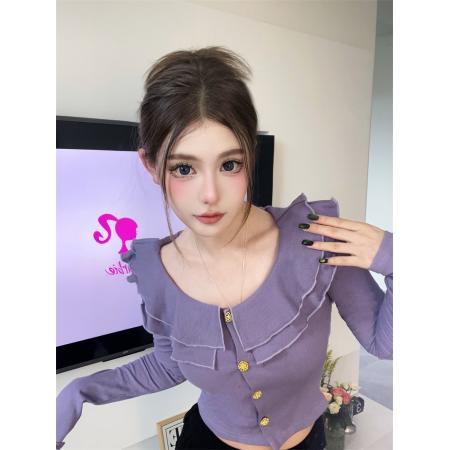 FA42023# 秋款性感短款露脐修身上衣圆领双层荷叶边T恤女长袖打底衫 服裝批發女裝批發服飾貨源