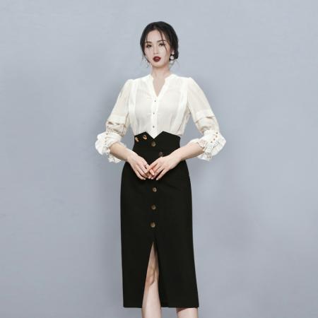 FA42033# 气质名媛套装女秋季V领条纹衬衫+高腰开叉包臀半身裙两件套 服裝批發女裝批發服飾貨源