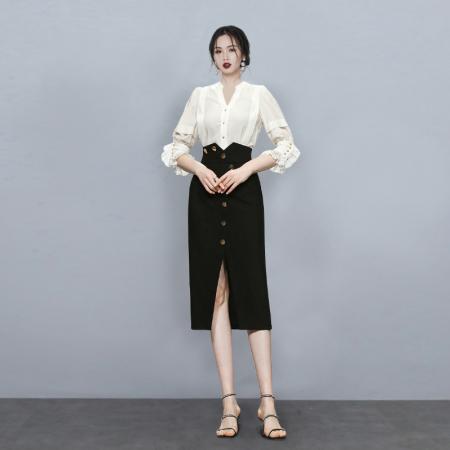 FA42033# 气质名媛套装女秋季V领条纹衬衫+高腰开叉包臀半身裙两件套 服裝批發女裝批發服飾貨源