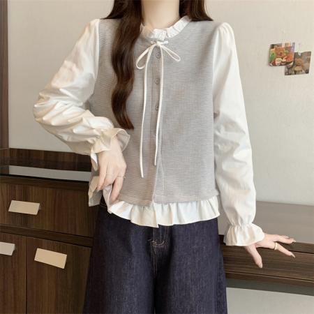 FA42074# 新款大码女装胖MM设计感拼接假两件百搭显瘦衬衫上衣