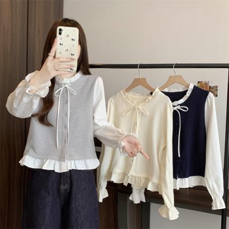 FA42074# 新款大码女装胖MM设计感拼接假两件百搭显瘦衬衫上衣