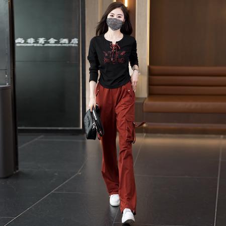 FA42086# 大码胖mmT恤工装风束脚休闲裤套装两件套直筒裤女秋时髦显瘦