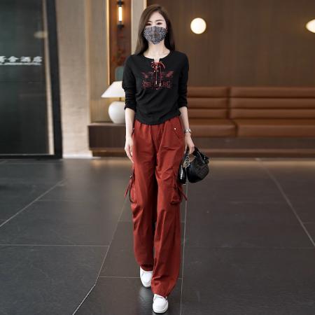 FA42086# 大码胖mmT恤工装风束脚休闲裤套装两件套直筒裤女秋时髦显瘦