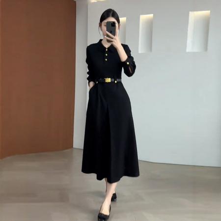 FA42097# 法式赫本风黑色收腰连衣裙女秋季大码胖mm显瘦高级独特漂亮长裙子