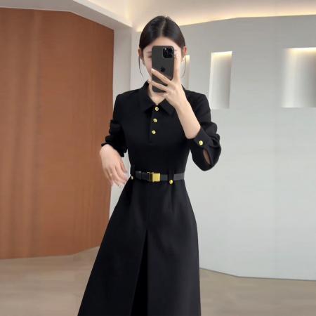 FA42097# 法式赫本风黑色收腰连衣裙女秋季大码胖mm显瘦高级独特漂亮长裙子