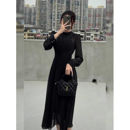 FA42099# 法式气质高级黑色连衣裙女秋季新款大码胖mm郝本风独特漂亮长裙子