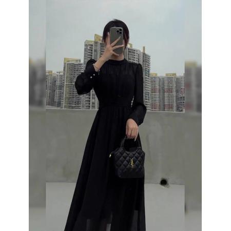 FA42099# 法式气质高级黑色连衣裙女秋季新款大码胖mm郝本风独特漂亮长裙子