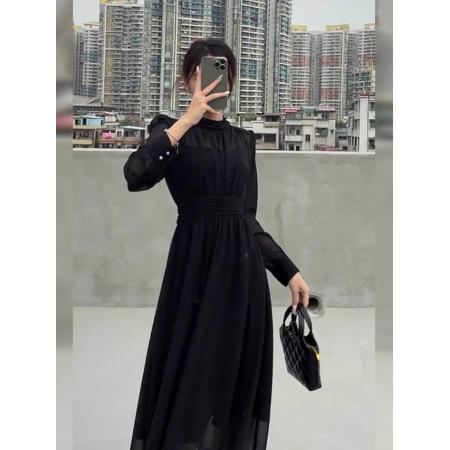 FA42099# 法式气质高级黑色连衣裙女秋季新款大码胖mm郝本风独特漂亮长裙子