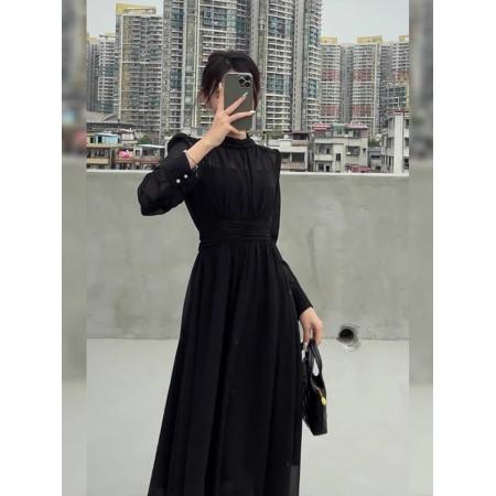 FA42099# 法式气质高级黑色连衣裙女秋季新款大码胖mm郝本风独特漂亮长裙子