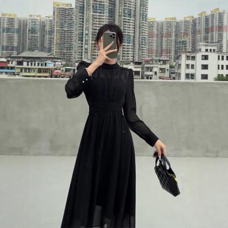 FA42099# 法式气质高级黑色连衣裙女秋季新款大码胖mm郝本风独特漂亮长裙子