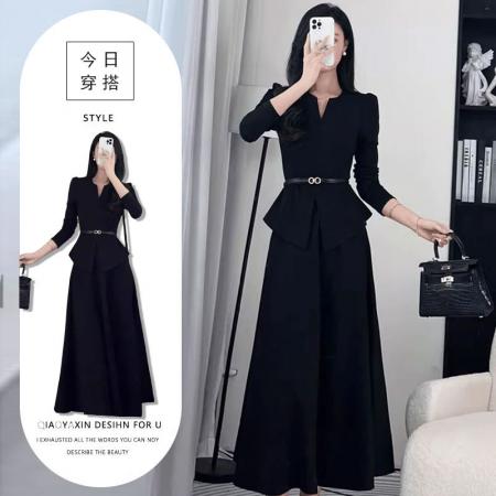 FA42100# 美式别致显气质套装秋冬设计感小v领长袖上衣高腰遮肚半身裙
