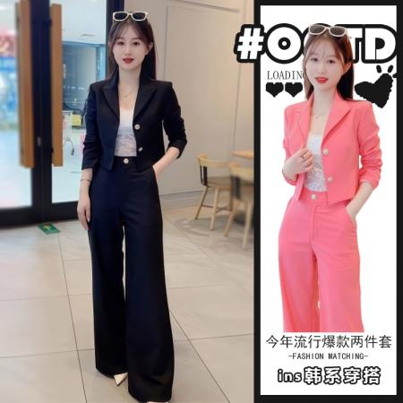 FA42102# 御姐轻熟风穿搭套装女高级感长袖短款小西装领外套搭配直筒阔腿裤