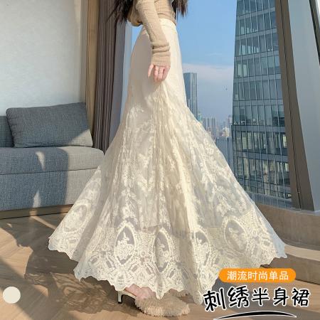 FA42103# 大码胖MM秋冬韩版高腰网纱拼接蕾丝长裙遮跨气质大摆裙
