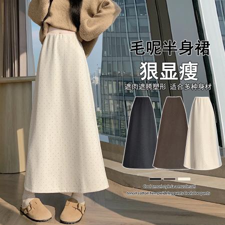 FA42104# 大码胖MM韩版高腰复古波点毛呢半身裙秋显瘦A字长裙