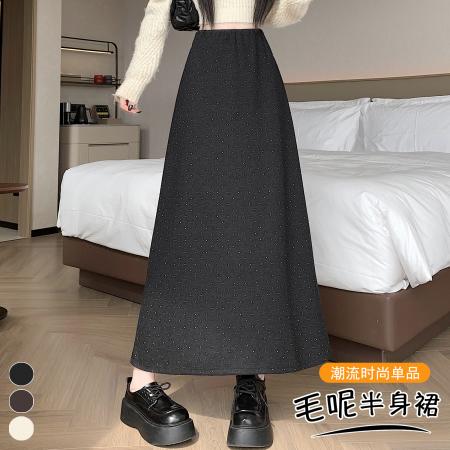 FA42104# 大码胖MM韩版高腰复古波点毛呢半身裙秋显瘦A字长裙