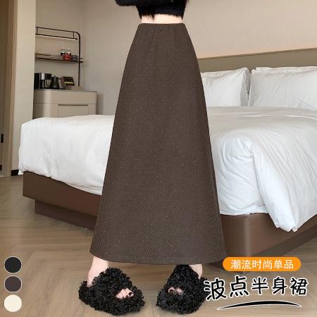 FA42104# 大码胖MM韩版高腰复古波点毛呢半身裙秋显瘦A字长裙