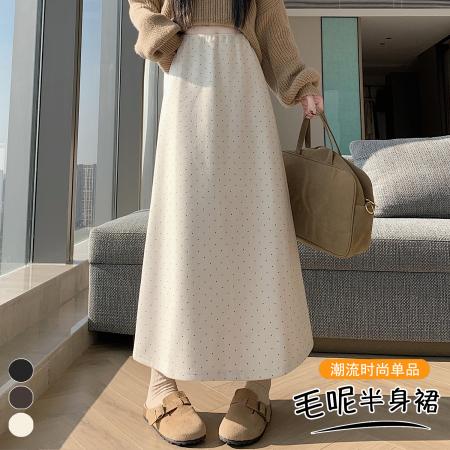 FA42104# 大码胖MM韩版高腰复古波点毛呢半身裙秋显瘦A字长裙
