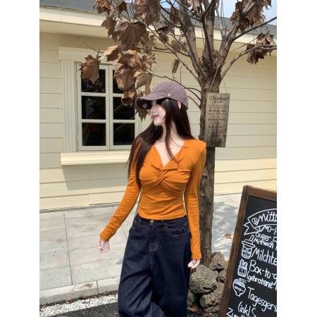 FA42110# 美式辣妹V领扭结修身长袖t恤胖MM秋季新款南瓜色小衫打底上衣