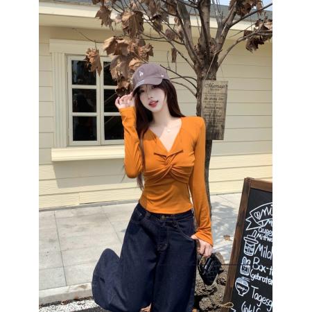 FA42110# 美式辣妹V领扭结修身长袖t恤胖MM秋季新款南瓜色小衫打底上衣