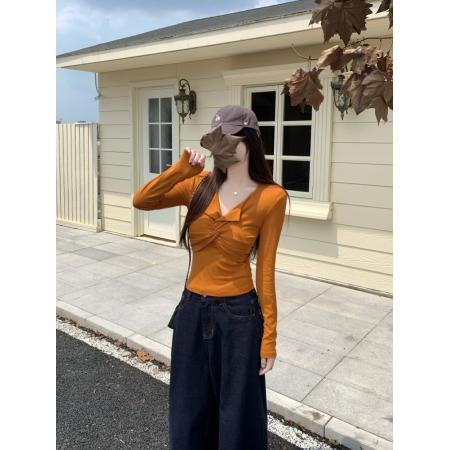 FA42110# 美式辣妹V领扭结修身长袖t恤胖MM秋季新款南瓜色小衫打底上衣