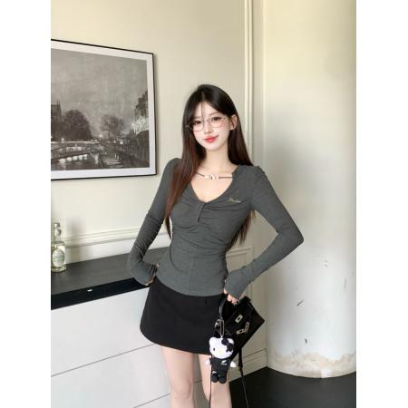 FA42112# 打底衫长袖T恤修身显瘦辣妹百搭胖mm深灰正肩长袖设计感上衣