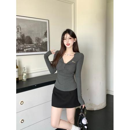 FA42112# 打底衫长袖T恤修身显瘦辣妹百搭胖mm深灰正肩长袖设计感上衣