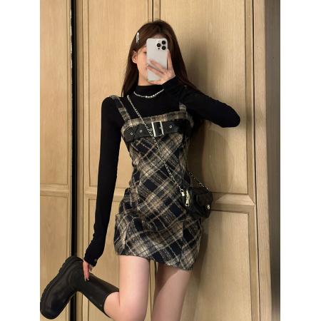 FA42148# 秋冬设计感气质格纹吊带裙套装女胖mm显瘦内搭上衣甜酷漂亮两件套
