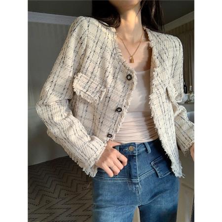 FA42174# 春季新款气质复古小香风短款法式毛边长袖外套开衫上衣女chic