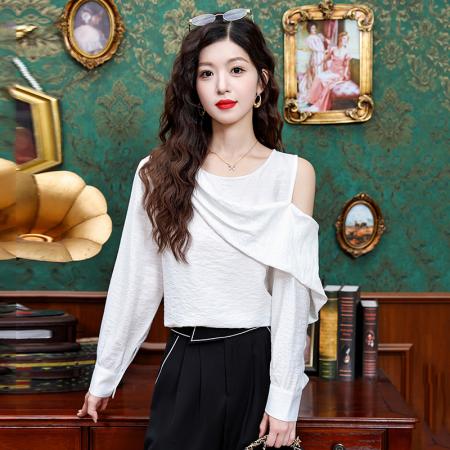 FA42194# 难忘白月光高智感不对称露肩设计衬衫休闲上衣