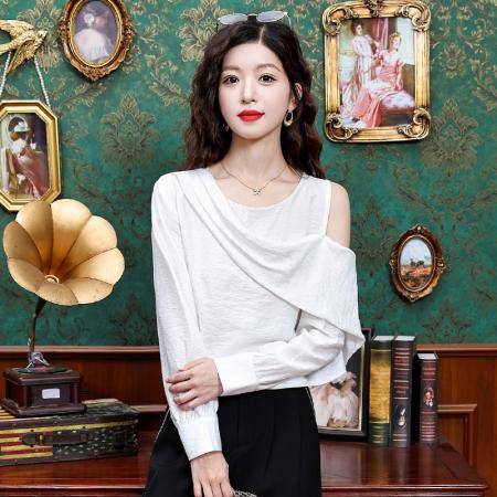 FA42194# 难忘白月光高智感不对称露肩设计衬衫休闲上衣