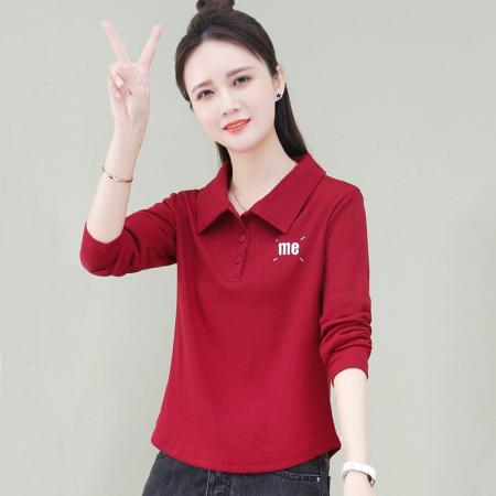 FA42197# 纯棉百搭简约T恤春秋款Polo领纽扣设计上衣潮流时尚弧形下摆长袖