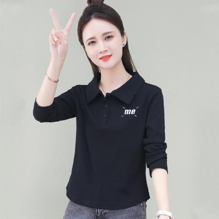 FA42197# 纯棉百搭简约T恤春秋款Polo领纽扣设计上衣潮流时尚弧形下摆长袖
