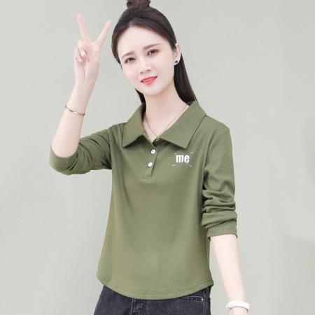 FA42197# 纯棉百搭简约T恤春秋款Polo领纽扣设计上衣潮流时尚弧形下摆长袖