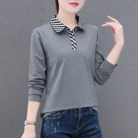 FA42198# 纯棉长袖T恤新款秋季女装有领格子POLO衫宽松长袖