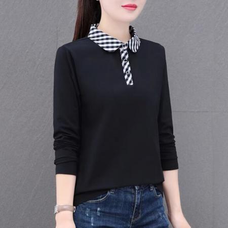 FA42198# 纯棉长袖T恤新款秋季女装有领格子POLO衫宽松长袖
