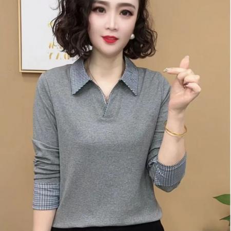 FA42199# 日常简约百搭小众设计格纹翻领显瘦上衣秋季时尚休闲减龄POLO长袖