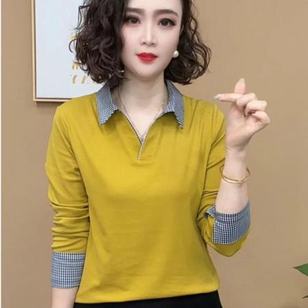 FA42199# 日常简约百搭小众设计格纹翻领显瘦上衣秋季时尚休闲减龄POLO长袖