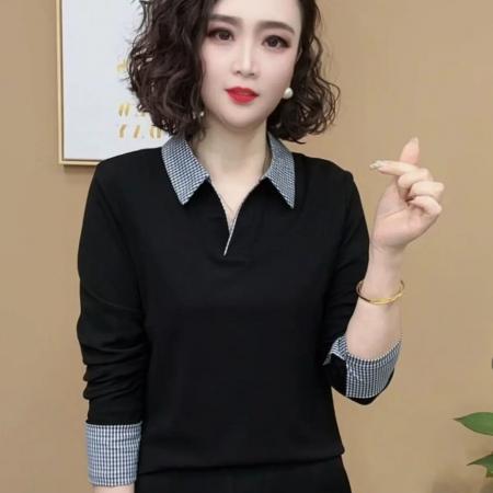 FA42199# 日常简约百搭小众设计格纹翻领显瘦上衣秋季时尚休闲减龄POLO长袖