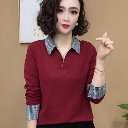 FA42199# 日常简约百搭小众设计格纹翻领显瘦上衣秋季时尚休闲减龄POLO长袖